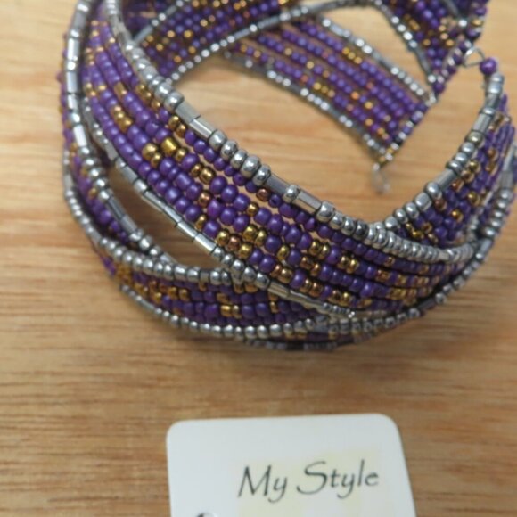Vintage Purple Seed Bead Memory Wire Woven Cuff Bracelet Glass Cuff My Style - Picture 1 of 3